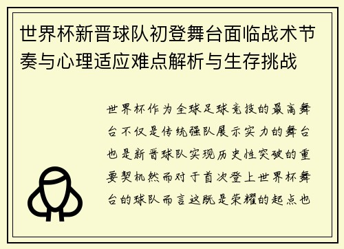 世界杯新晋球队初登舞台面临战术节奏与心理适应难点解析与生存挑战