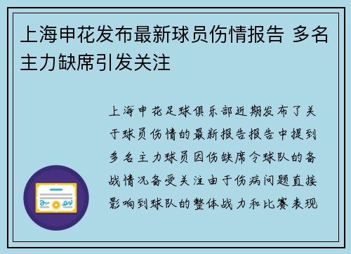 上海申花发布最新球员伤情报告 多名主力缺席引发关注